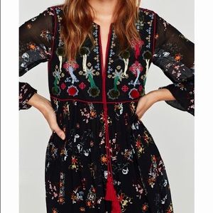 ZARA embroidered pompom long sleeve tassel dress